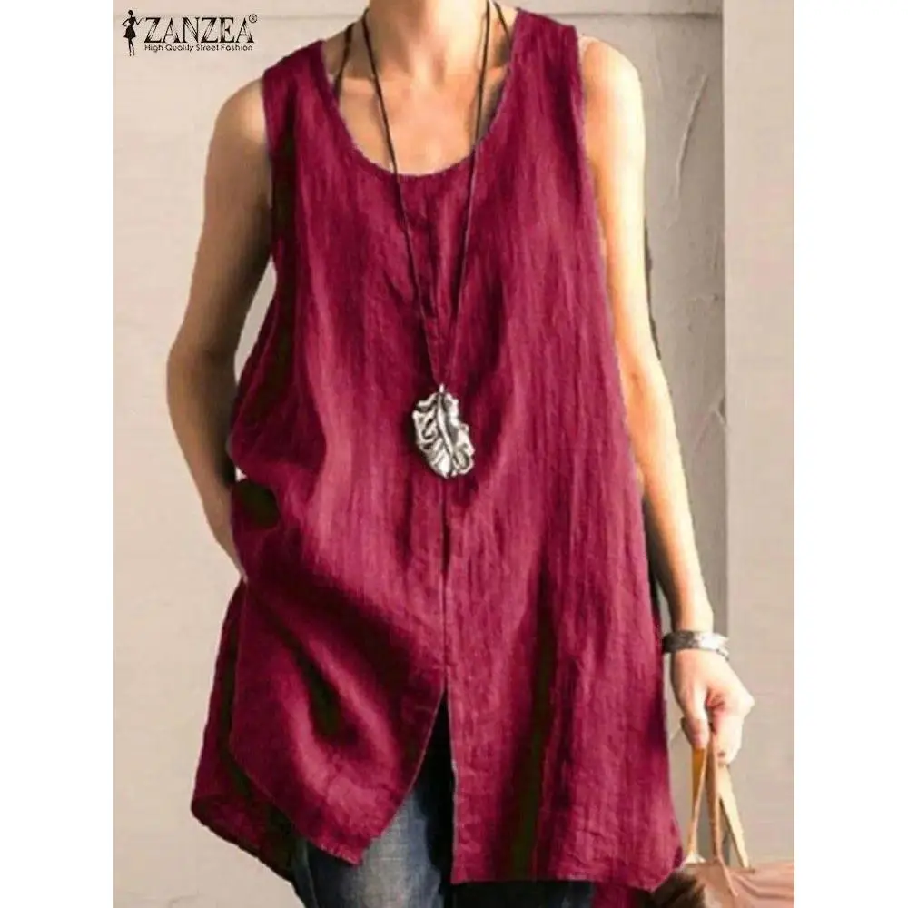 Women's Plain Cotton Tunic Top, Casual Sleeveless V-Neck Long Blouse with an Oversized Fit and Split Front, Loose-Fitting, No