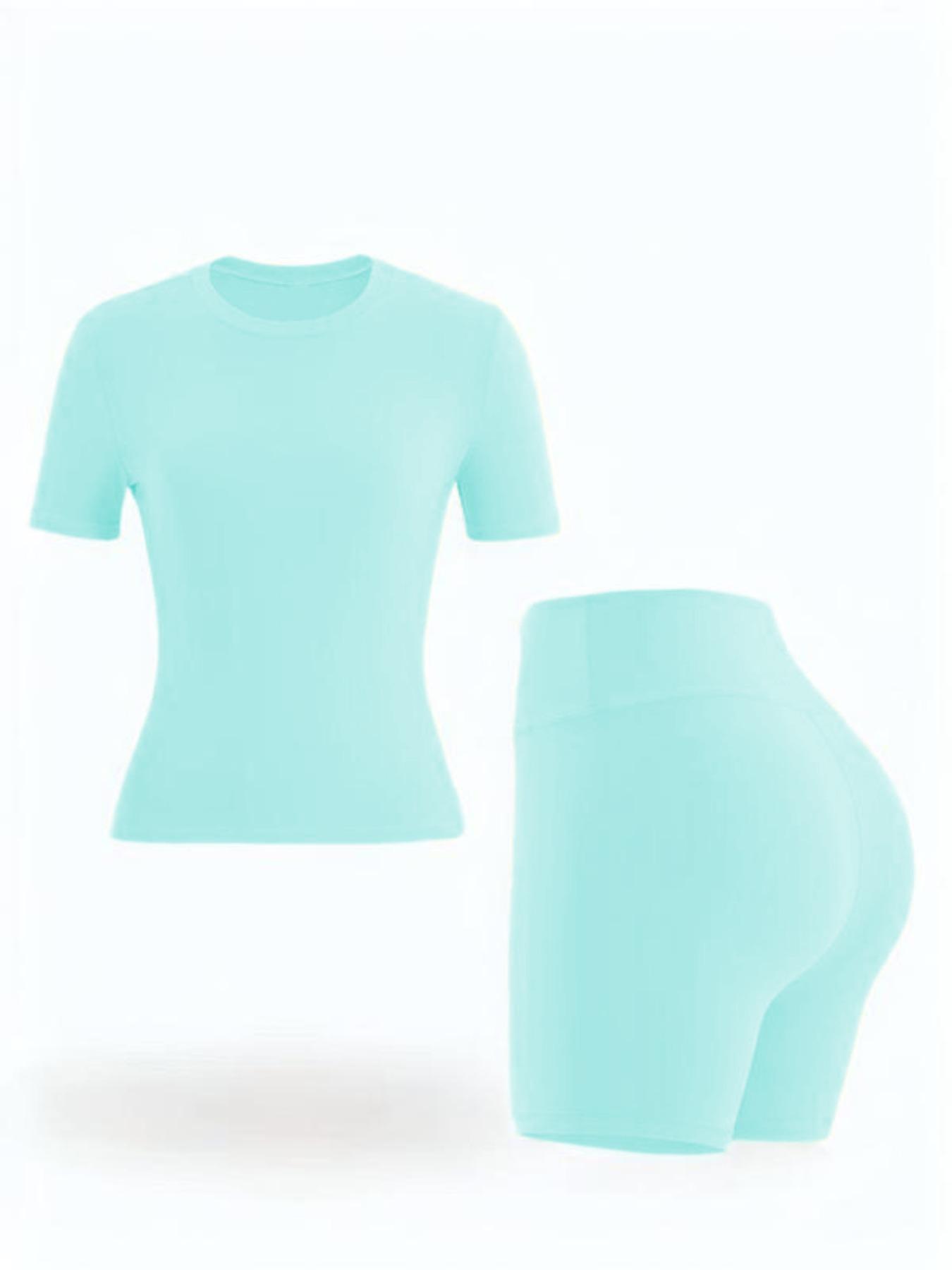 Two-Piece Set Women's Solid Round Neck Tee & High Waist Biker Shorts Athletic Tracksuit Set, Casual Short Sleeve T-shirt & Skinny Shorts, High Stretch Activewear, Ladies Sportswear Yoga Outfit Set for Indoor Outdoor Wear Athletic Workout Set