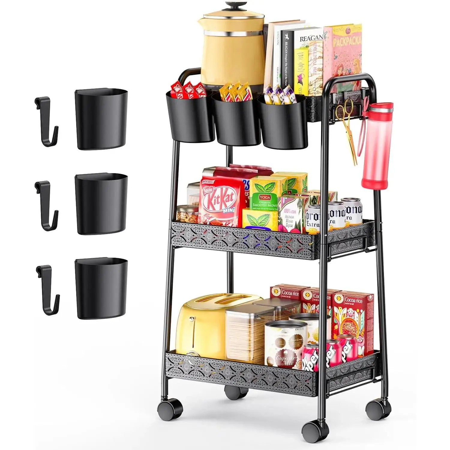 3-Tier Rolling Cart, Metal Utility Cart with Lockable Wheels and Simple Mesh Shelves