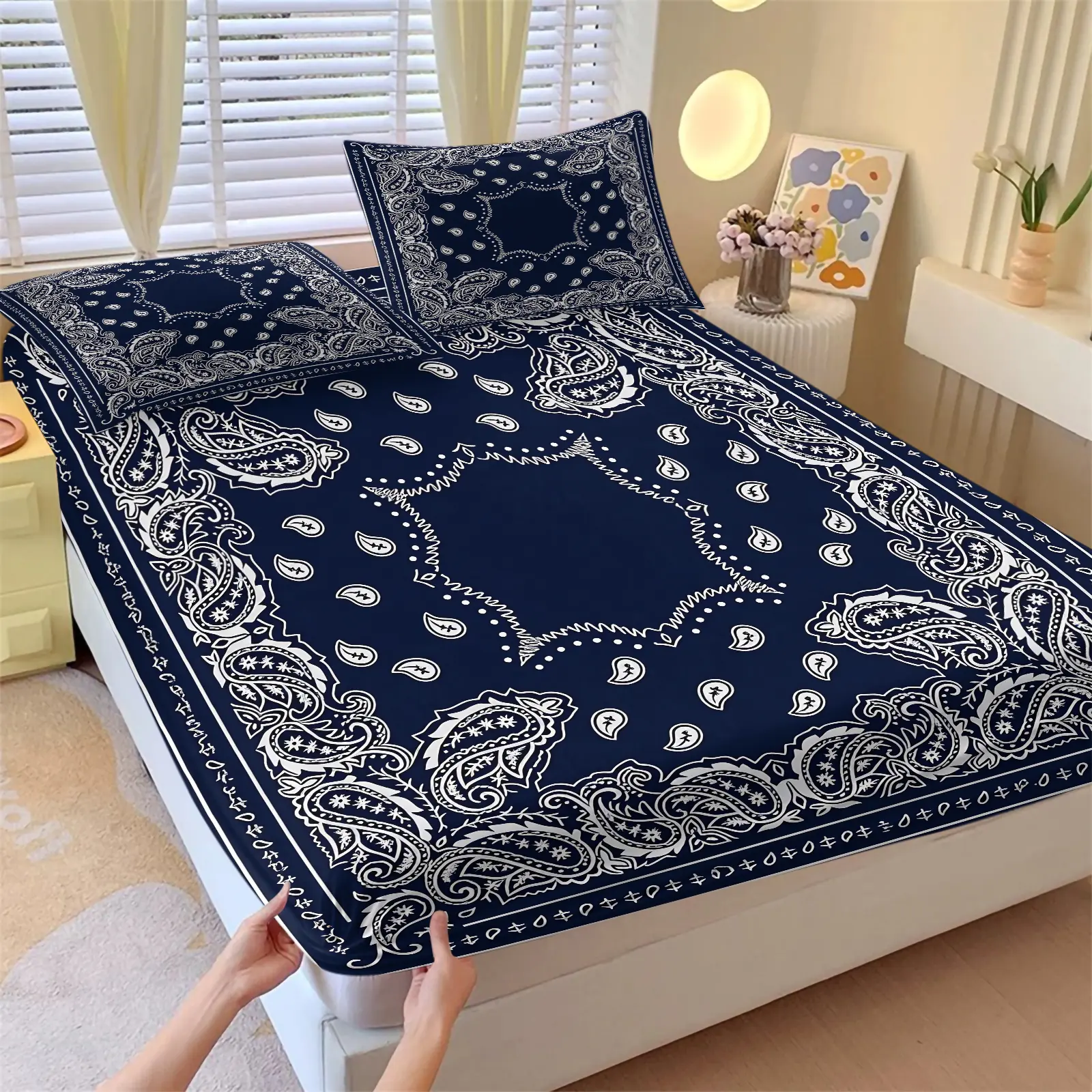 American retro navy paisley Print Fitted Sheet Set 3 Piece, 1 Fitted Sheet & 2 Pillowcase, Dark Blue Western Hip Hop Mattress Cover, Anti-Pilling Wrinkle Resistant Fabric Bedding All Size, Stylish Neutral Decor For Men Women Bedroom