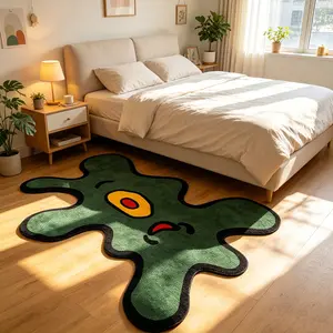 Dark green one eyed cartoon monster shaped carpet, fun plush floor mat, bedroom bedside anti slip foot mat, suitable for niche trendy/retro quirky home decoration