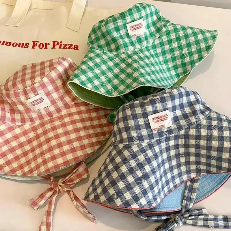 Korean checkered strap fisherman's hat with a large brim for summer, a small sun-protective hat that can be worn on both sides