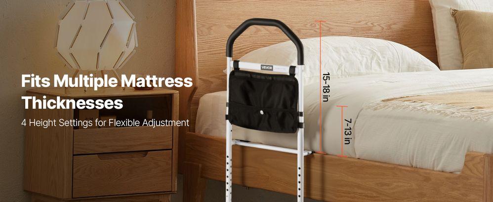 Bed Rail for Elderly, Bedside Assist Rails with Supporting Leg and PU Handrail, Adjustable Height Carbon Steel Pipe Bedside Cane, Bed Bars for Seniors & Patients, Fits King, Queen, Full, Twin