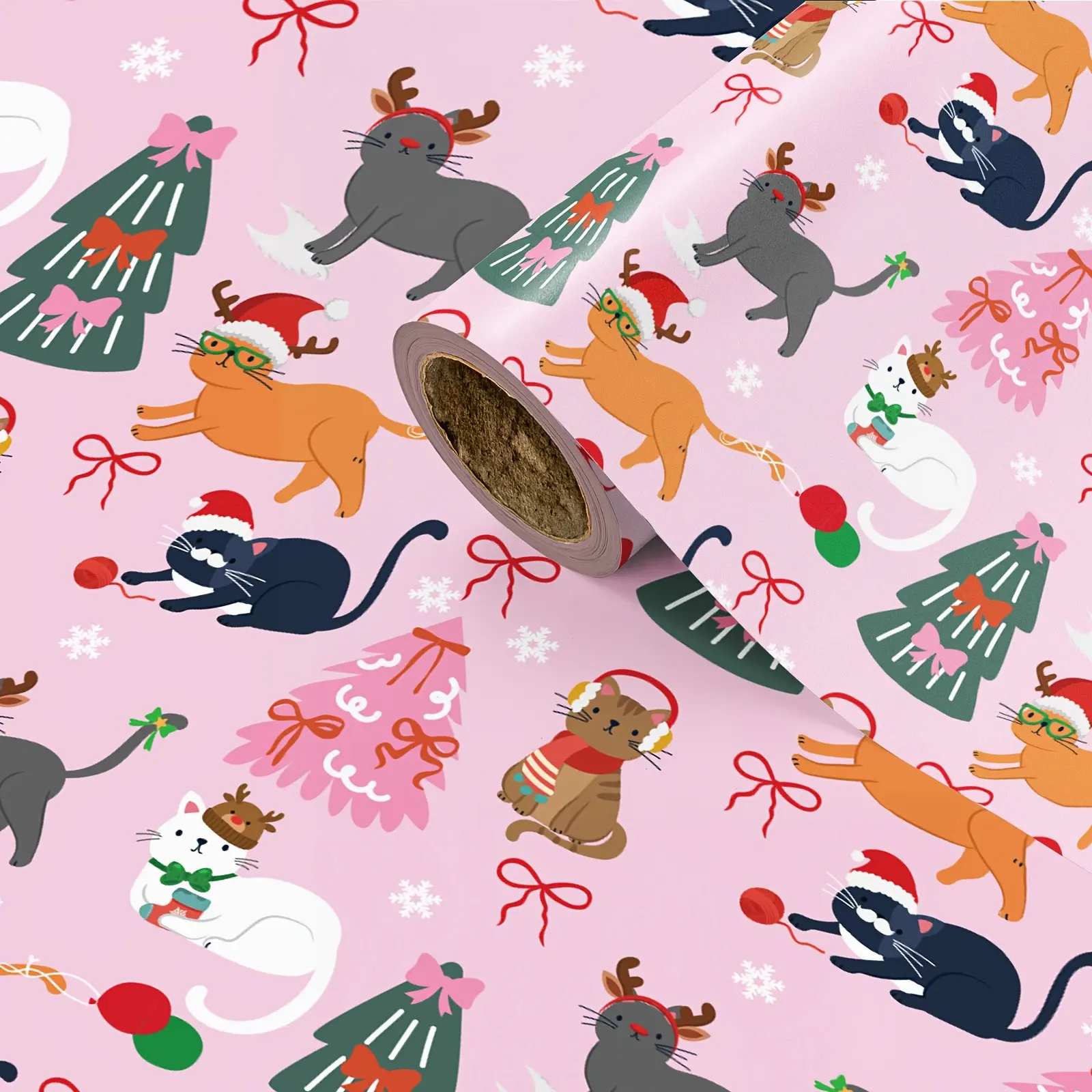 1 Roll Pink Christmas Cat Gift Wrapping Paper, Cute Cat in Santa Hat & Christmas Tree Print Gift Wrap Roll for Christmas Holiday, Party, DIY Craft Decor, Xmas Wrapping Paper, 43.2cm x 500cm