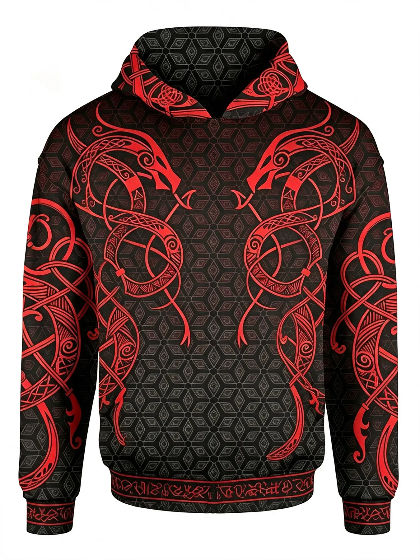 Nordic Viking Red Dragon Totem All-Over Print Hoodie, Retro Gothic Style Trendy Hooded Sweatshirt