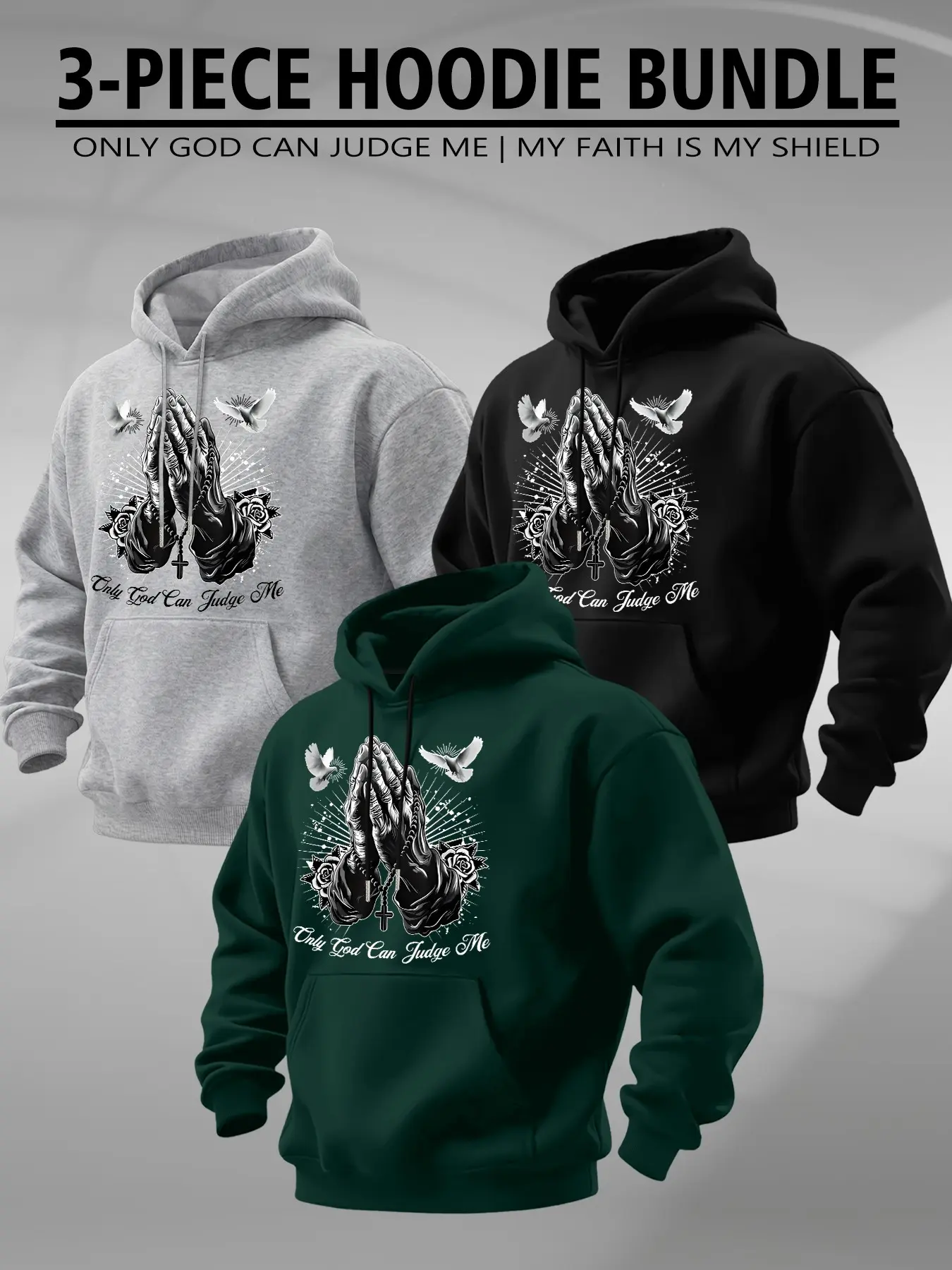 3-Piece Men's Hoodie Bundle Praying Hands Dove Cross Rose Print Only God Can Judge Me Christian Faith Casual Pullover Hooded Sweatshirt