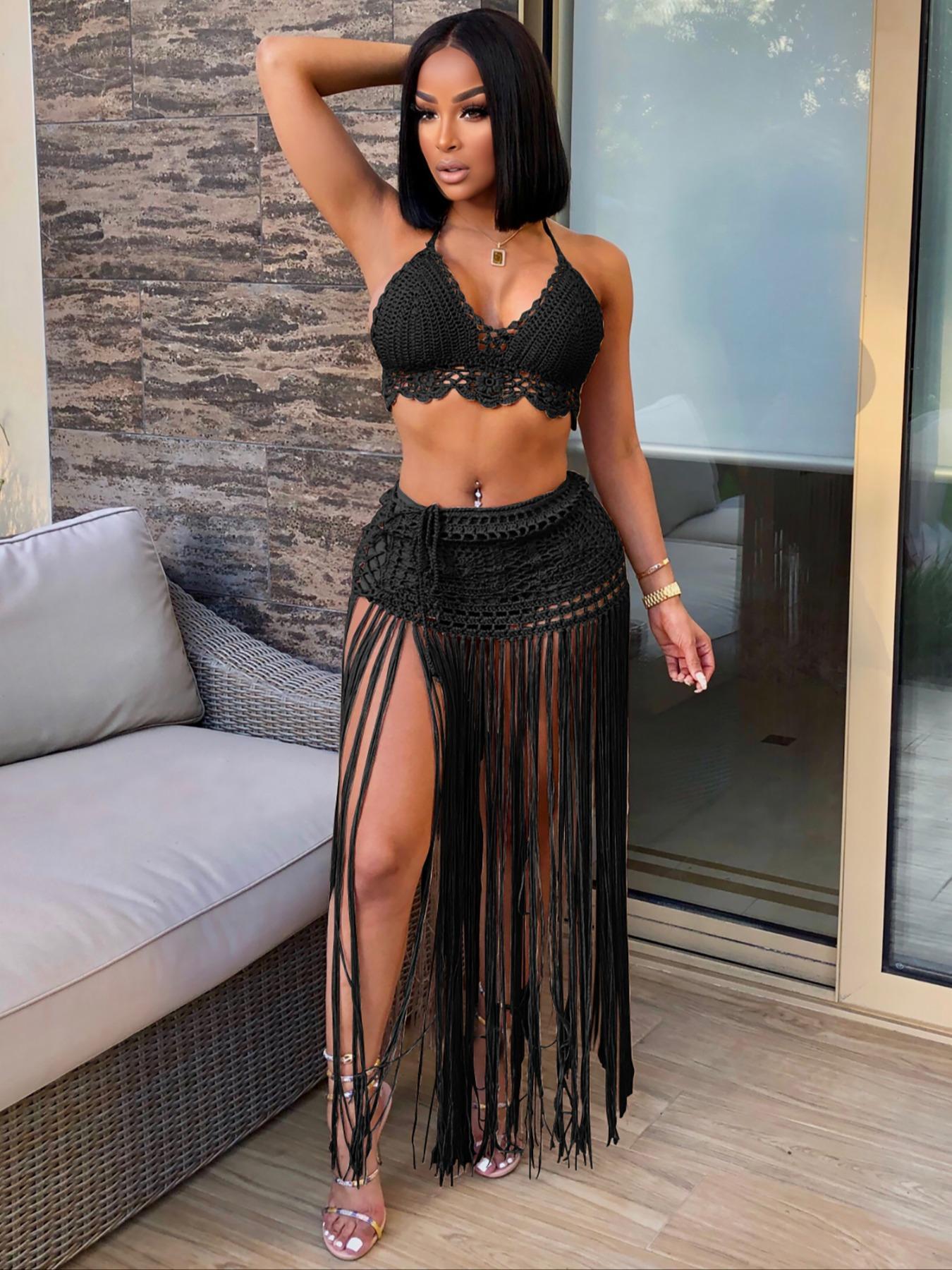 Two-piece Set Women's Halter Neck Crop Top & Fringe Trim Skirt, Casual Fashion Cozy Minimalist Knitwear Set for Daily Outdoor Wear, Ladies Clothes for All Seasons, Casual Matching Set, Suits, Cute Summer Outfit, Womenswear