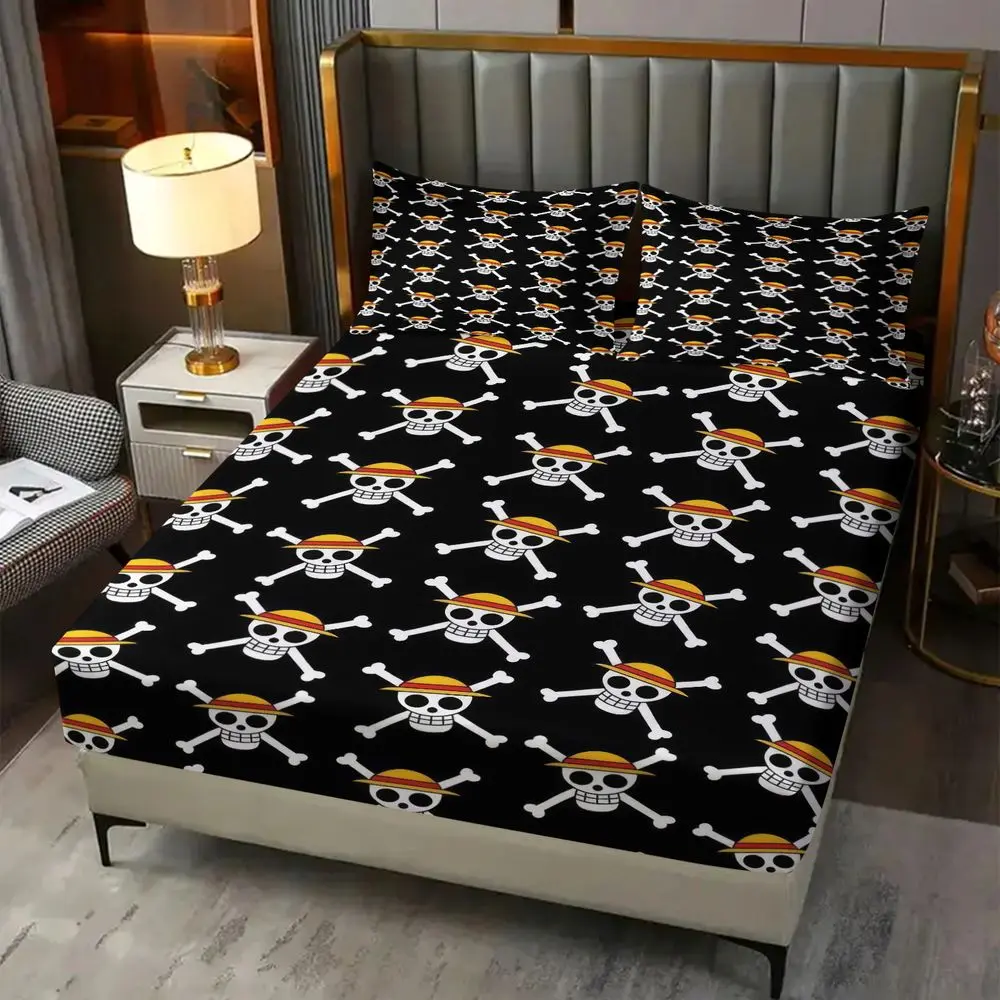 3pcs Anime Pirate Skull Print Fitted Sheet Set (Includes 1 Fitted Sheet and 2 Pillowcases; Without Pillow Core). High-Definition Digital Print Bedding Set, Ultra-Soft and Breathable Fabric, Perfect Anime Bedroom Decor,  All-Season.