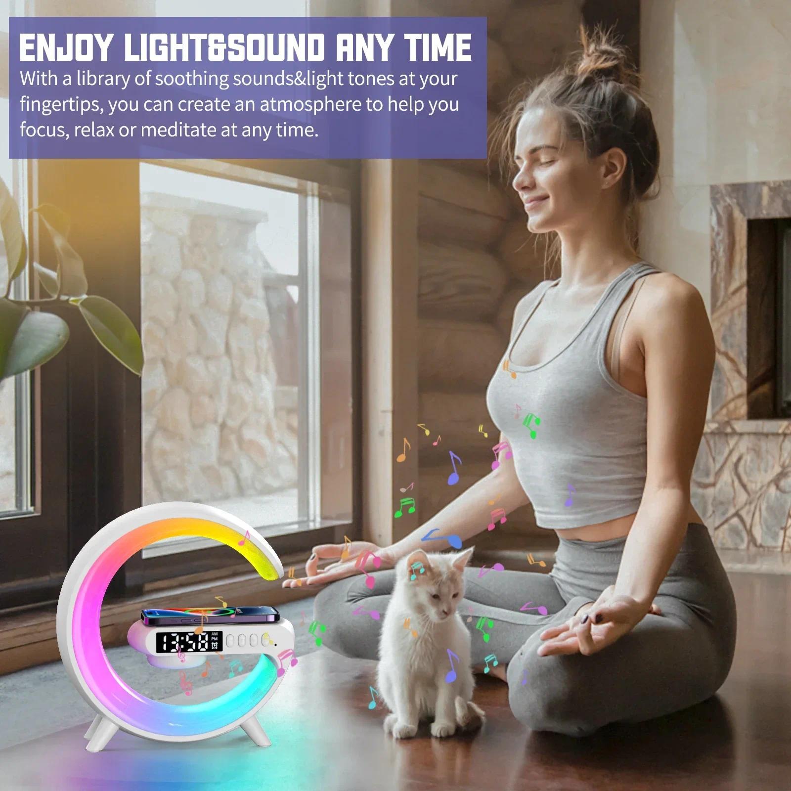 Multifunction RGB Light Bluetooth Speaker Alarm Clock 15W Wireless Charger Stand Pad For iPhone Samsung Fast Charging Station