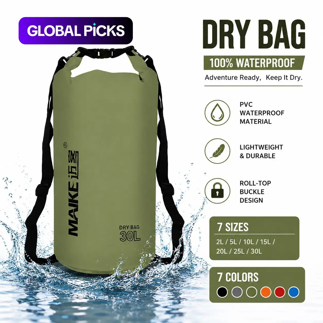 Maike High-Quality Outdoor Sports Dry Bags, Waterproof Surfing Bag, Boating Accessory, Travel Water-Resistant Bag, Durable Fabric for Travel, Swimming, Beach, Kayaking, Camping