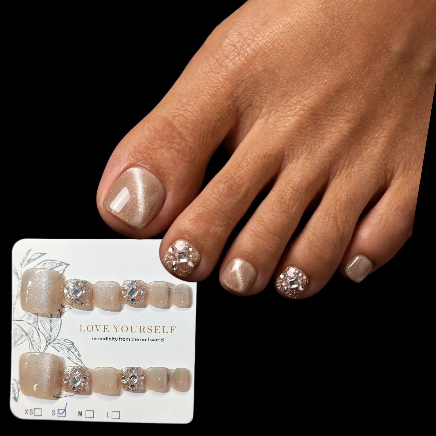 12Pcs Handmade Press On Toenails, Champagne Gold Cat Eye False Toe Nails, Luxury Rhinestone Crystal Glitter Reusable Short Square Gel Pedicure Set for Women Sandal Wear Wearable Fake Toe Nails with Tool Kit