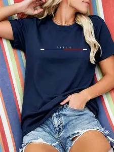 Women's Fashion T-Shirt, Paris Letter Blue Striped Print, Round Neck, Short Sleeve, Fitted, Casual, All Seasons, Summer Top