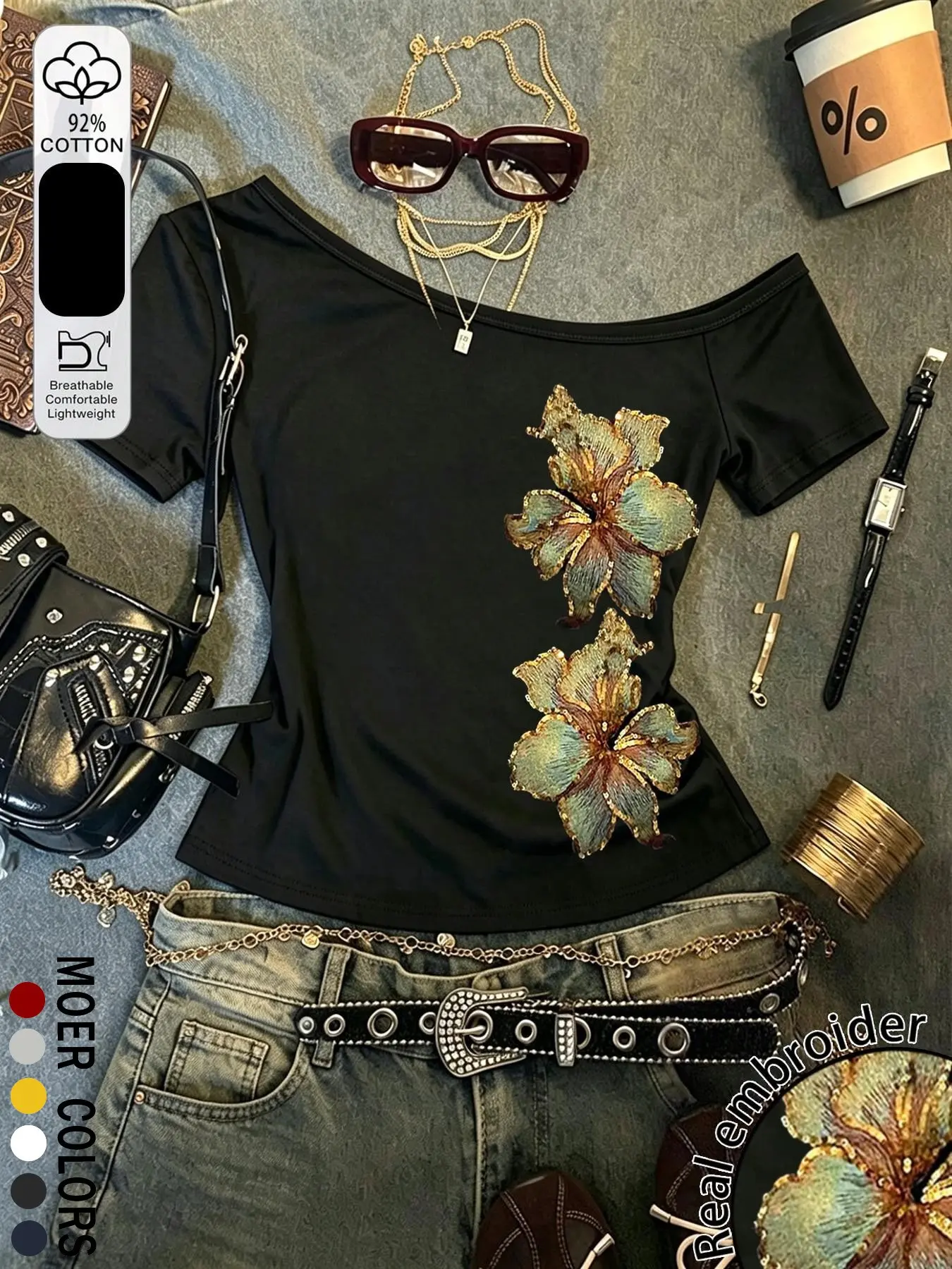 Women's Floral Retro Sequin Embroidered Off-Shoulder T-Shirt, Summer Y2K Design, Party Beach Top, Date Music Festival, Fashion