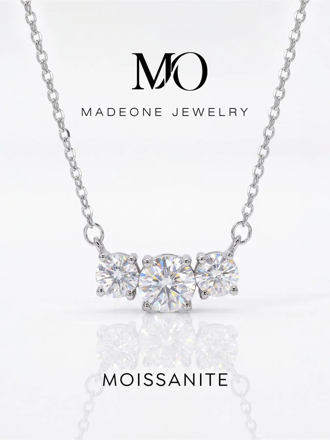 Classic Three‑Stone Bar 1 Carat Moissanite Necklace, Copper Material With Prong Setting, Symmetric Horizontal Three Round Moissanite Stones, Dainty Fine Cable Chain, Gold Silver Plated Neck Jewelry for Gifting and Everyday Styling