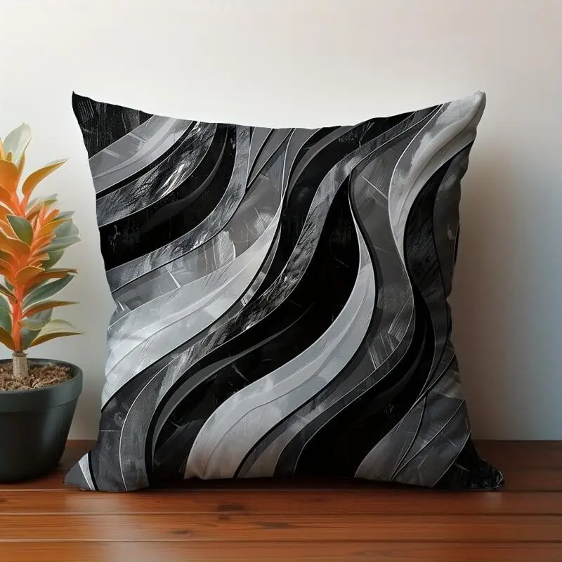 Contemporary Abstract Curved Pattern Pillow Cover, &, 17.72x17.72 Inch, Zipper Closure, Sofa Accent Piece