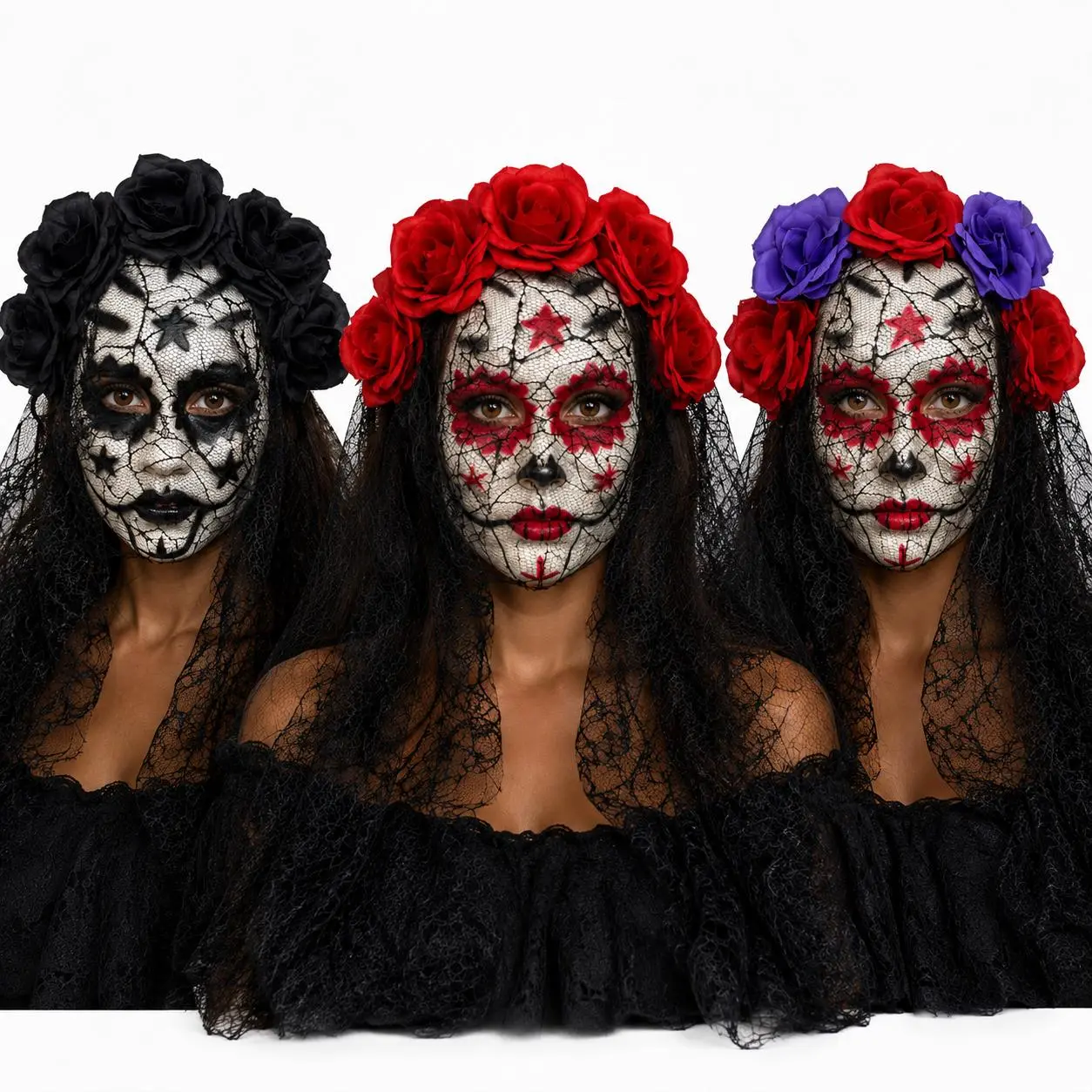Mexican Day of the Dead Skull Mask with Rose Crown & Lace Veil - Halloween Party Cosplay Wear Accessory, One Size Indoor Recreation Prop