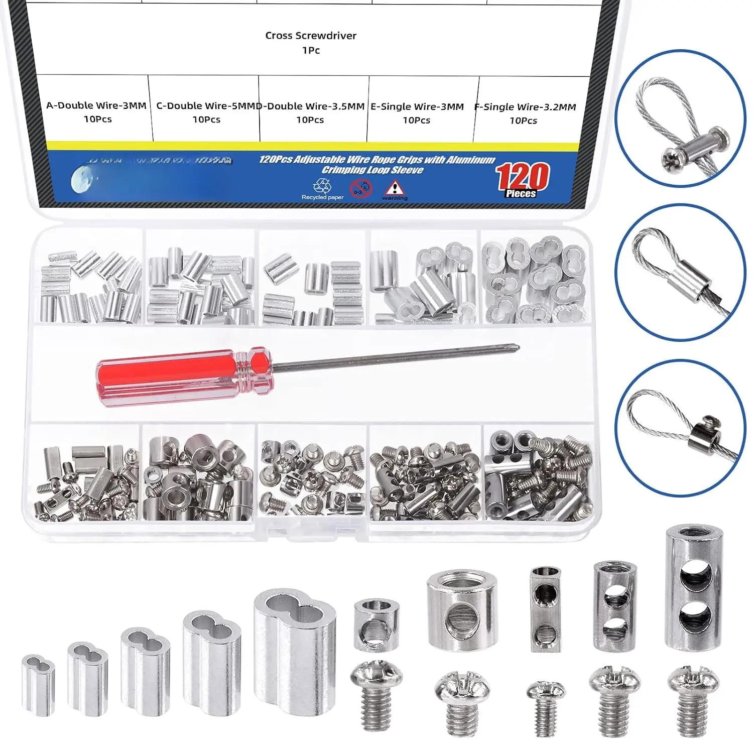 121 count Stainless Steel Wire Rope Clip Clamp and  Crimping Loop Sleeve  Kit, Single/Double Hole Wire Rope Lock Clip with End Screw Stopper,  Sleeve, Phillips