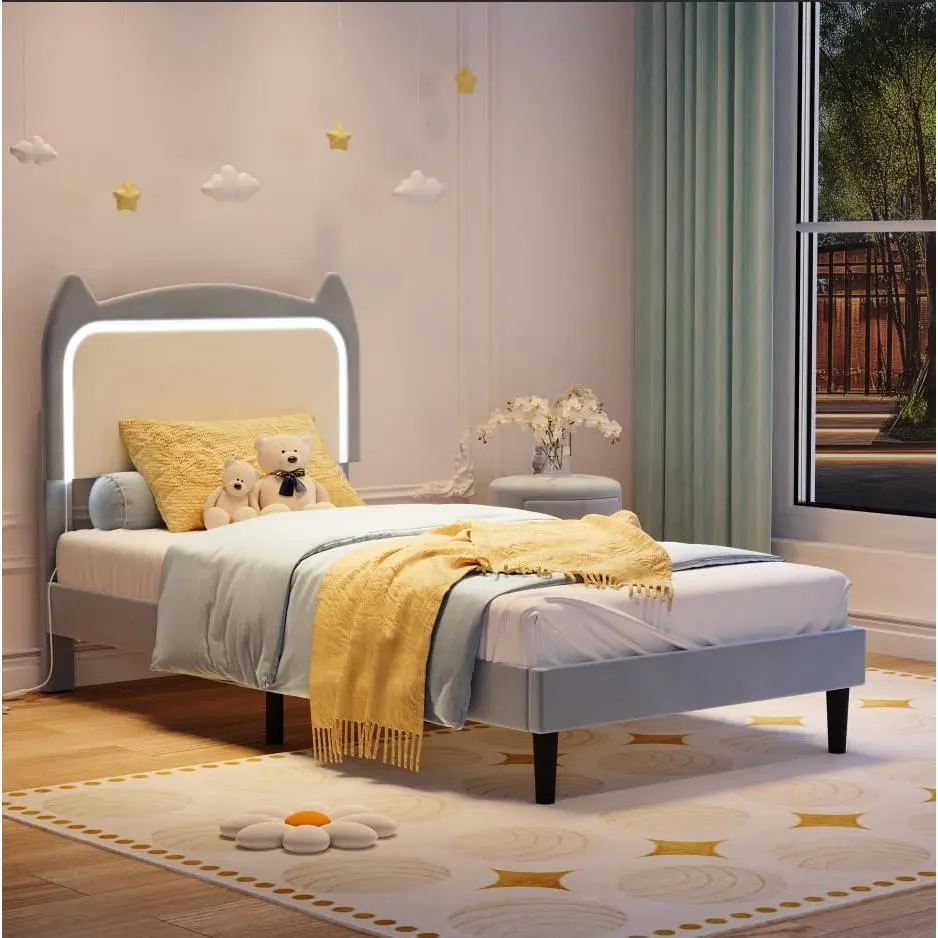 Twin Upholstered Bed Frame withCute Cat Headboard, Velvet Princess Platform Bed Frame with Sturdy Wood Slats Support for Girls/Kids, No Box Spring Needed