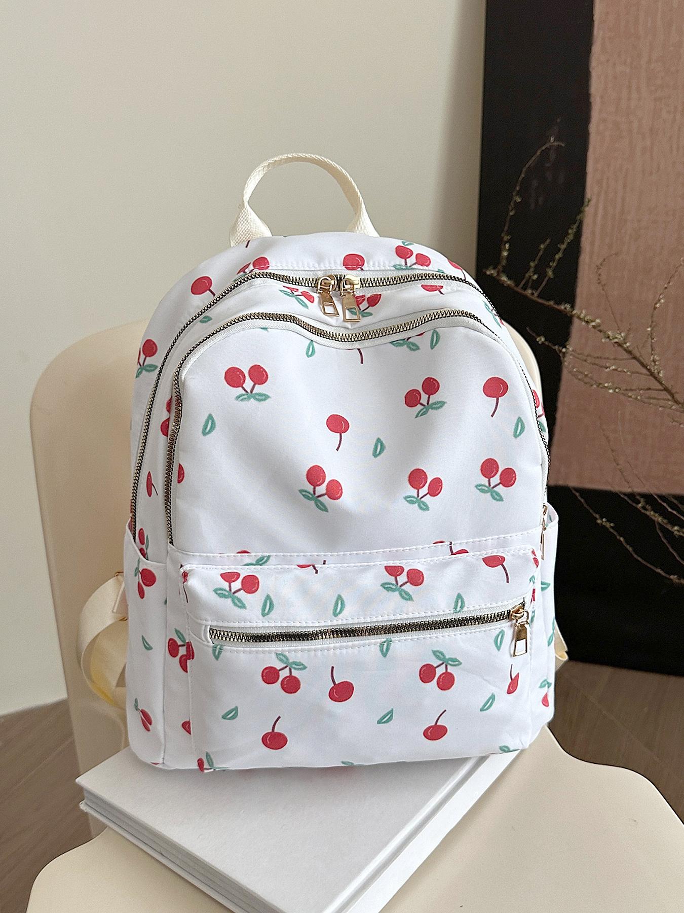 Cute and soft cherry pattern design backpack, sweet girl casual backpack, lightweight and practical portable travel bag, large capacity campus school bag, heavy load, simple and stylish travel companion