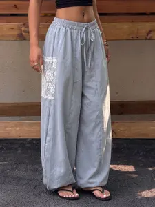 Women's Fog Blue Lightweight Casual Lantern Pants, Lace Patch Pockets, Elastic Waist, Ankle Length, Four Seasons Wear, Daily Leisure Travel