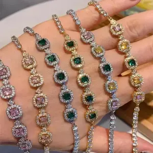 New Simulated Multicolored Tourmaline Princess-Cut Full Paved Bracelet