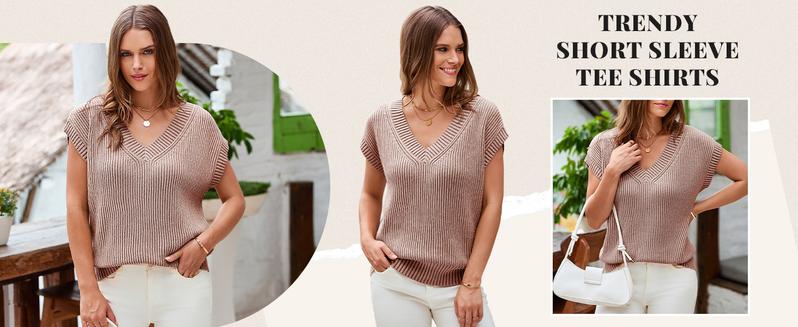 Saodimallsu Womens V Neck Short Sleeve Sweater Summer Lightweight Cap Sleeve Casual Loose Knit Pullover Tank Tops