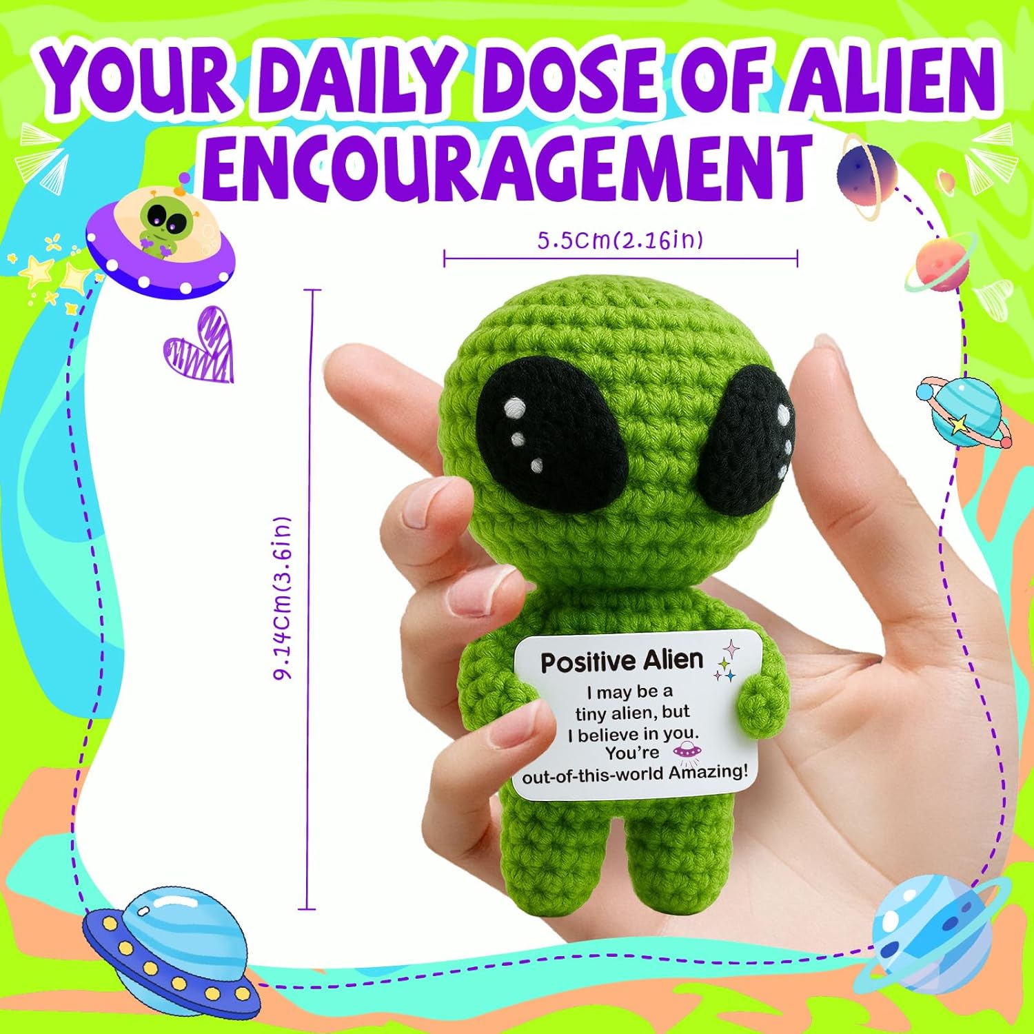 Positive Alien Crochet Plush with Inspirational "You're Out-of-This-World Amazing" Message Card, Handmade Emotional Support Desk Decor, Funny Motivational Gift for Teens Friends Coworkers, Ideal for Valentines, Easter Basket Stuffers, Birthday & Graduatio