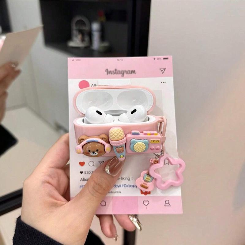Cute Cartoon Music Bear Earphone Case for Airpods 1/ 2/ 3/ 4/ Pro/ Pro 2 - Anti-Drop Protective Cover with Music Pendant, Girls' Favorite Kawaii Accessory for Airpods Users