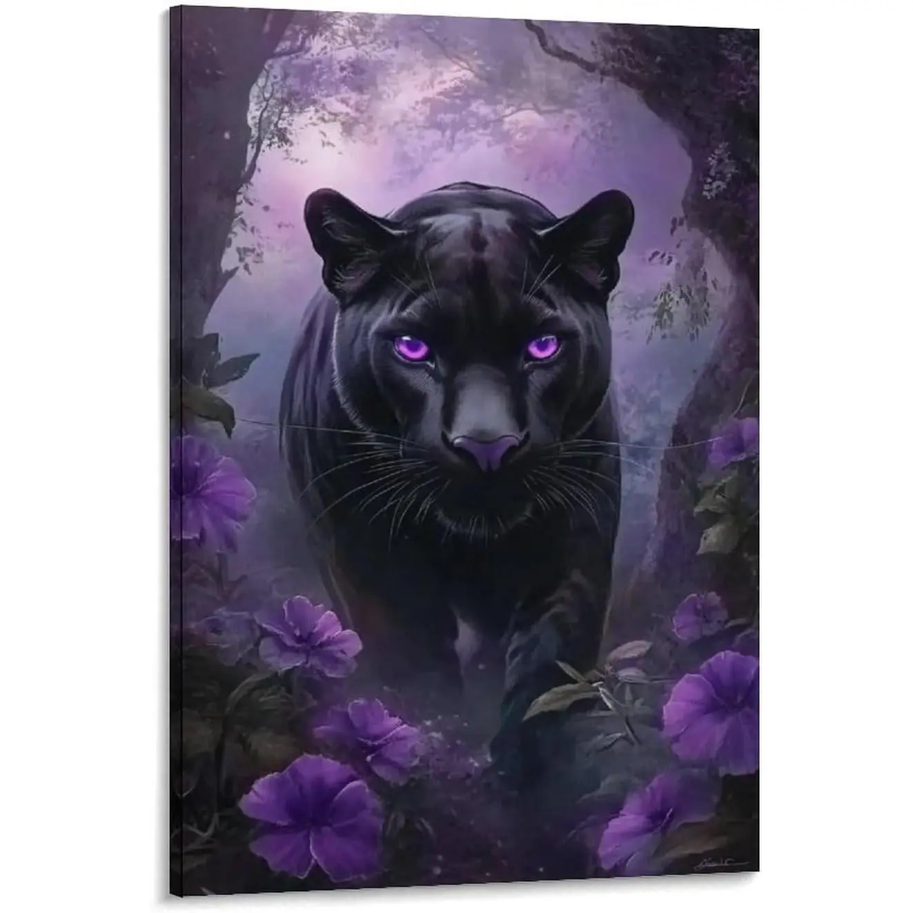 Black Panther Purple Flowers Fairytale Artwork Canvas Wall Print, High-Res Ink Crisp Detail Posters, Framed/Unframed Home Decor for Men’s Bedroom Living Room (Home Supplies, Posters & Prints), Handmade Craft, Print Wall Art