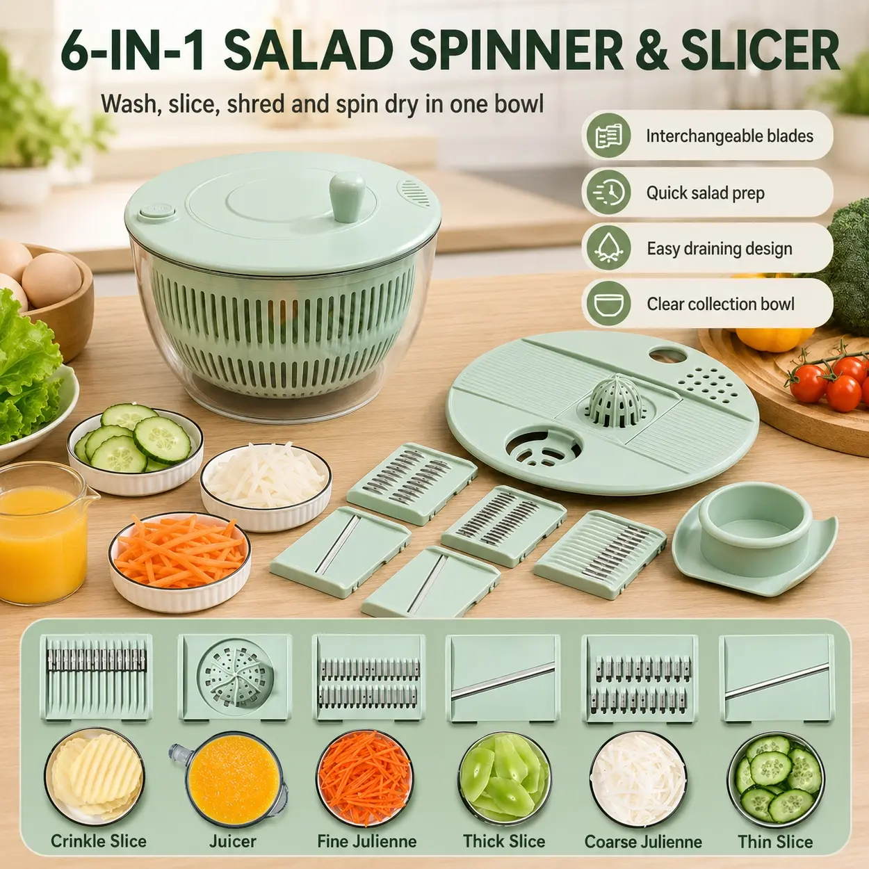 2-in-1 Salad Spinner Vegetable Chopper Large Lettuce Spinner with Drain Basket, Hand Crank Fruit Washer Slicer Shredder, Interchangeable Blades for Cucumber Potato Carrot Salad Greens, Kitchen Prep Tool for Home Cooking, Meal Prep and Washing
