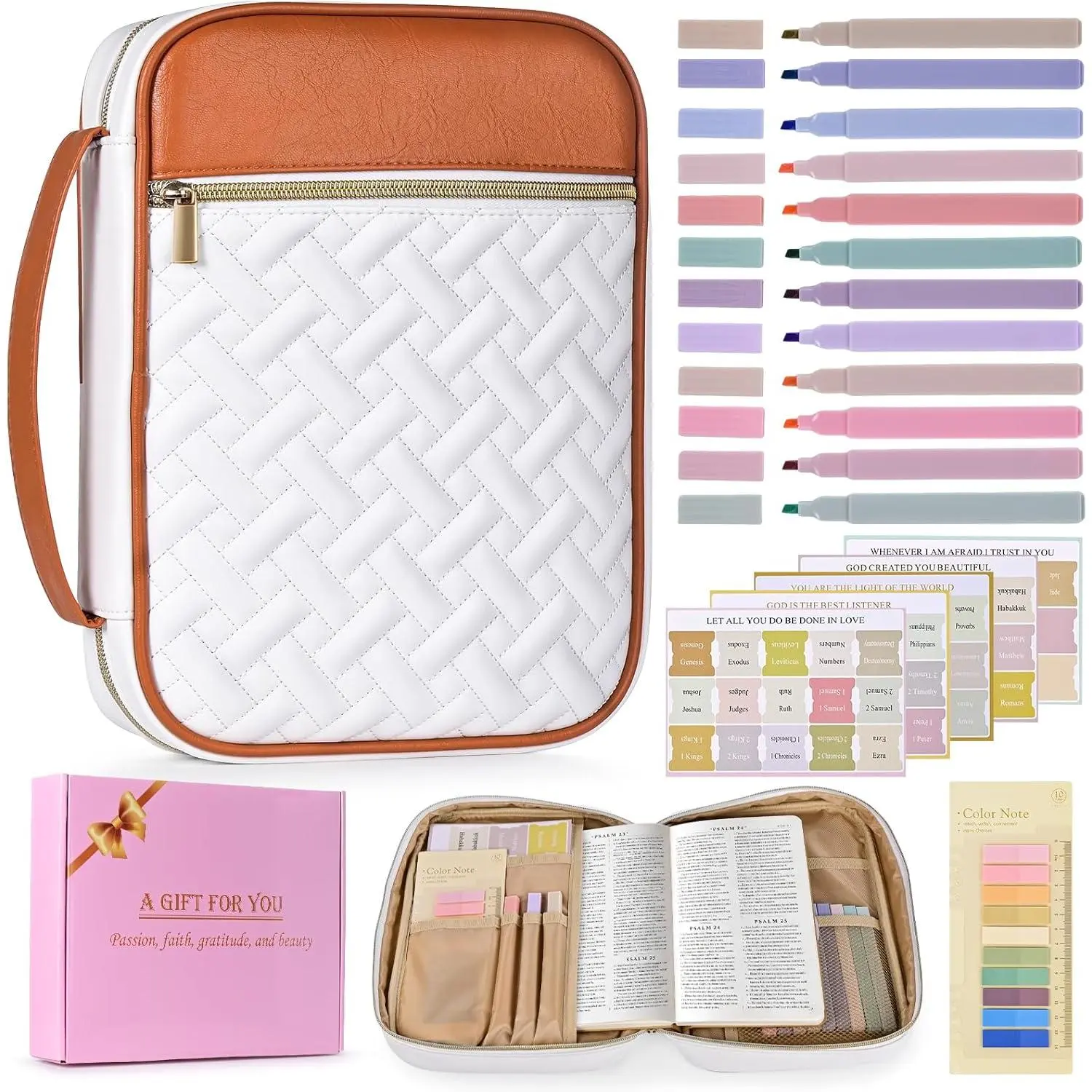 Cover Case for Women, Large Quilted PU Leather  Carrying Bag |  Study Kit Organizer with 12 Highlighters & 75  Tabs, Fits  Standard & Large Bibles, Christian Gifts for Women