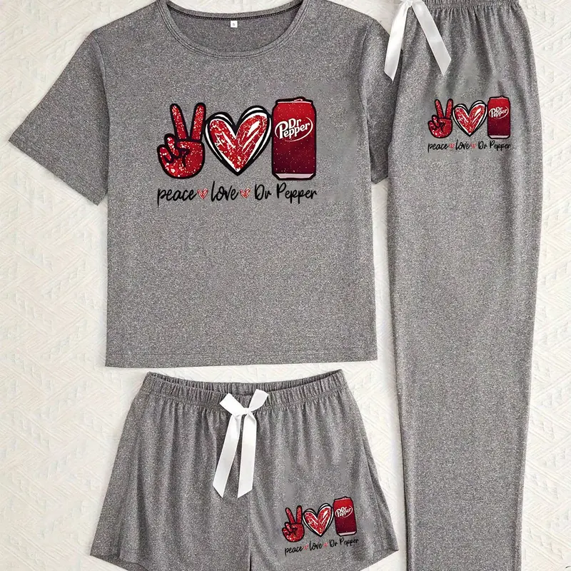 Doctor Pepper Cola Print Three-Piece Pajama Set Pjs Pyjamas Pants for Women, Casual Loose-Fitting Aesthetic Sleepwear, Loungewear, All-Season Comfortable Nightwear