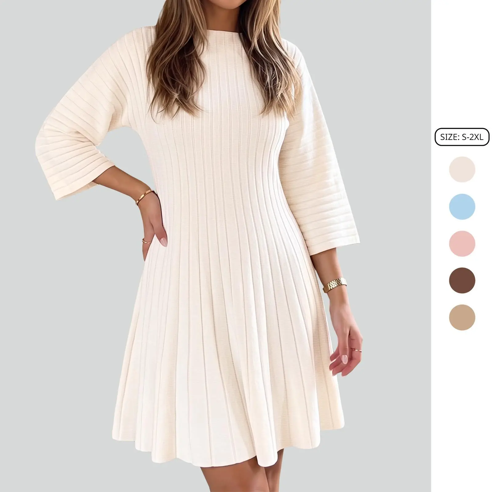 Imily Bela Womens Vertical Rib Striped Knit Dress Semi High Neck 3/4 Sleeve Fit Flare Casual Sweater Dress Casual Elegant A Line Dresses