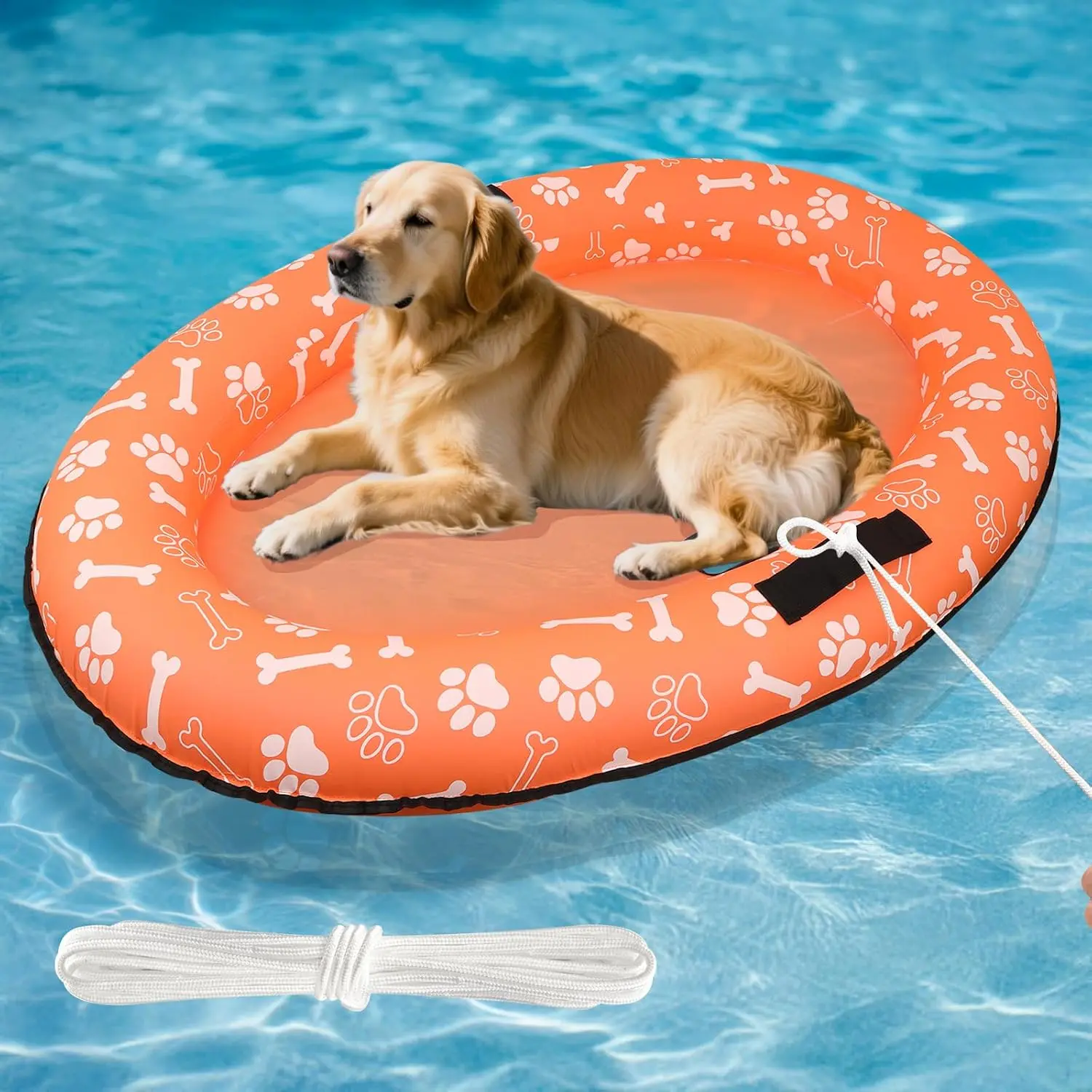 59''x39'' Inflatable Dog Pool Float with Rope Handle - Tear-Resist Oxford, Large Fit, Stable Support for Dogs Up to 88lb, Fun Pattern Orange Puppy Floating Raft for Pool Time (Small-Medium-Large Breeds)