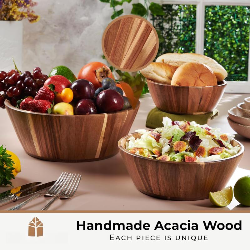 Wooden Bowls, Wooden Salad Bowl Set of 3 - Round Design Large Salad Bowl Set for Serving, , Durable and Stylish Dining Accessory by Wooden Bowls, Wooden Salad Bowl Set of 3 - Round Design Large Salad Bowl Set for Serving, , Durable and Stylish Dining Accessory by