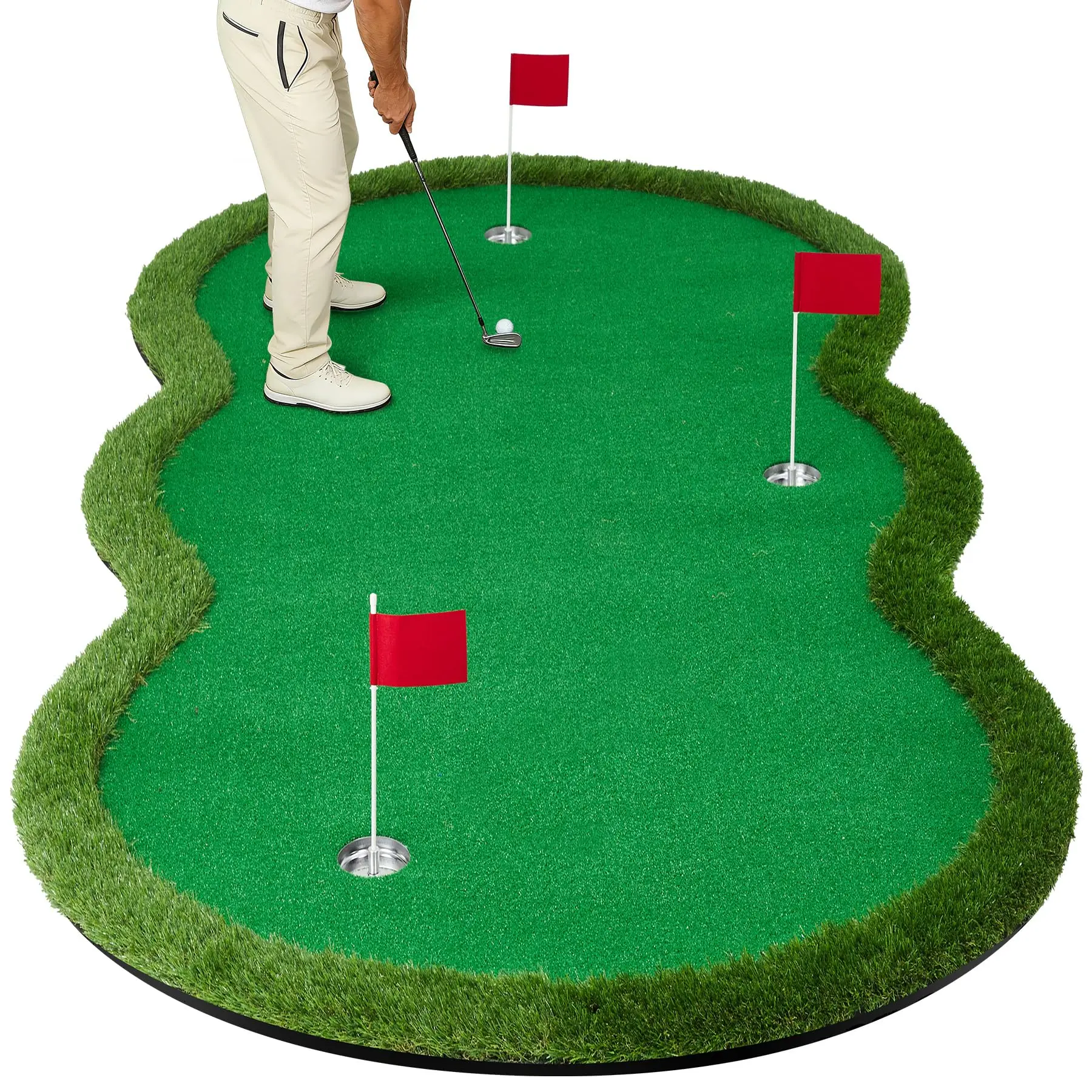 Portable Golf Putting Green with Realistic PP Turf & EVA Rubber Base, Large 10x5 ft Indoor/Outdoor Mat with 3 Metal Cups, Golf Gift Sets, Golf Practice Equipment