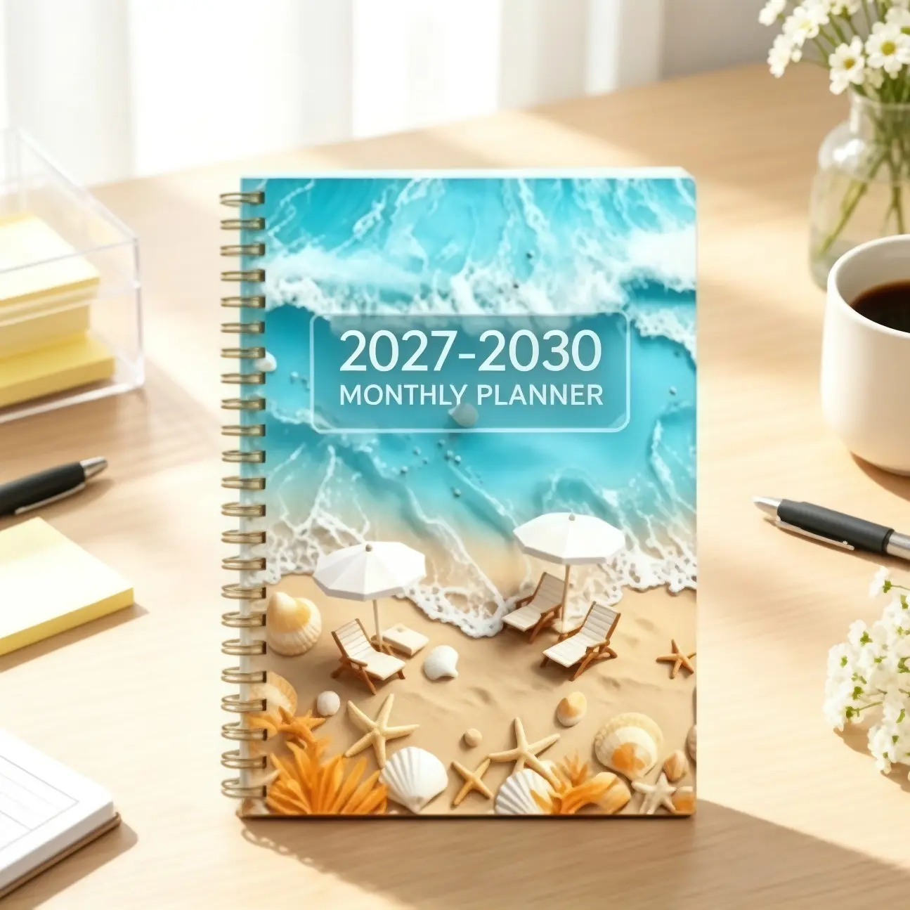 2027‑2030 4‑Year Monthly Planner Spiral Journal, Beach Art Cover 48 Month Calendar Notebook with Highlighted Holidays, Countdown, Notes & Quick Reference Calendar, for Men Women Students Office, Christmas New Year Birthday Holiday Gift