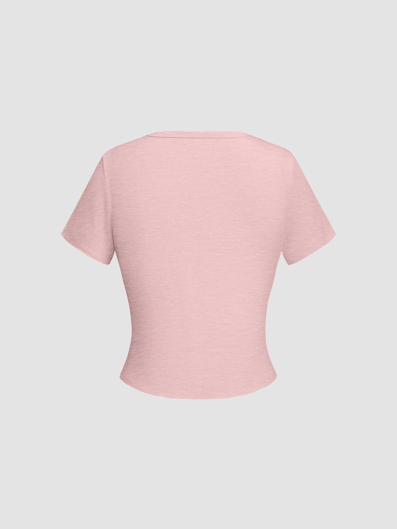 Women's Plain Button Front Crop Tee, Casual Short Sleeve T-shirt for Daily Wear, Ladies Clothes for All Seasons, Womenswear