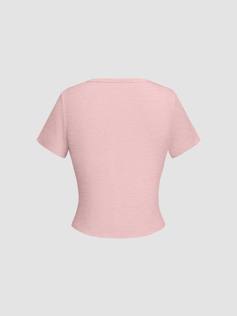 Women's Plain Button Front Crop Tee, Casual Short Sleeve T-shirt for Daily Wear, Ladies Clothes for All Seasons, Womenswear