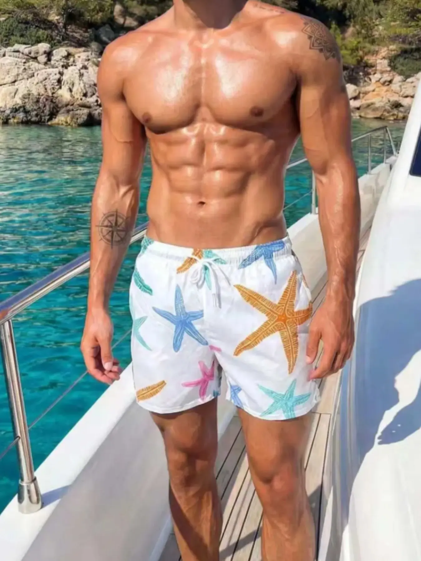Men's Beach Shorts with Starfish Print, Drawstring Waist, Knee-Length, Casual Fitted Pants, All-Season Ocean Theme, Unique Design