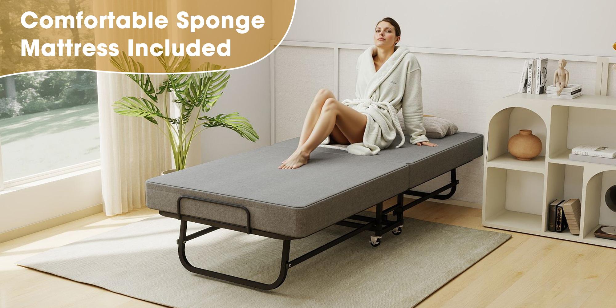 Portable Folding Bed with Memory Foam Mattress, Lockable Wheels, Breathable Linen Fabric for Adults