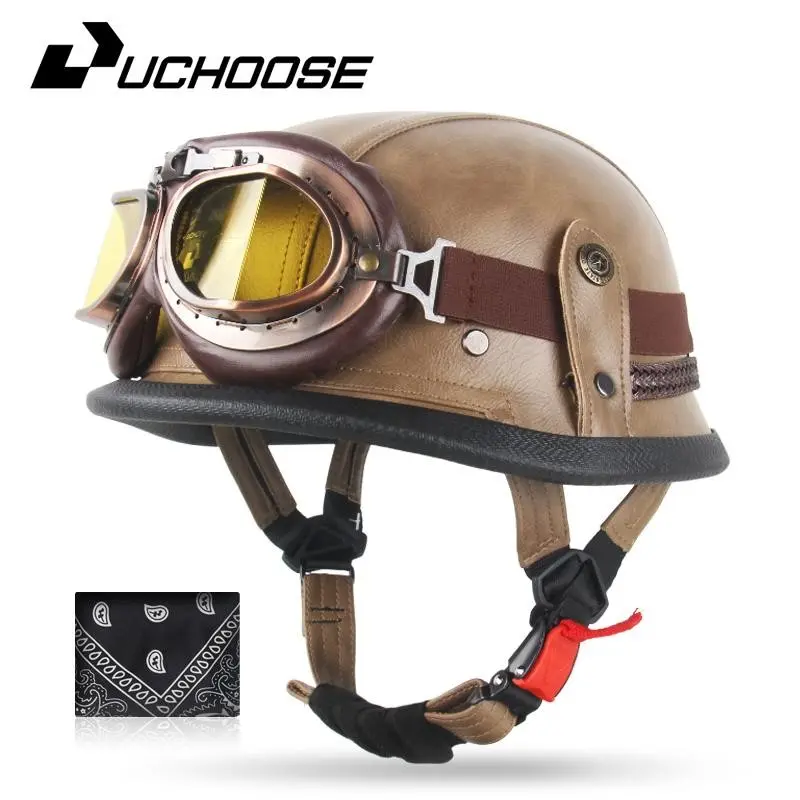 Leather Vintage Soldier Helmet Half Helmet with Windshield, Suitable for Cruising, Retro Car, Unisex, Men and Women