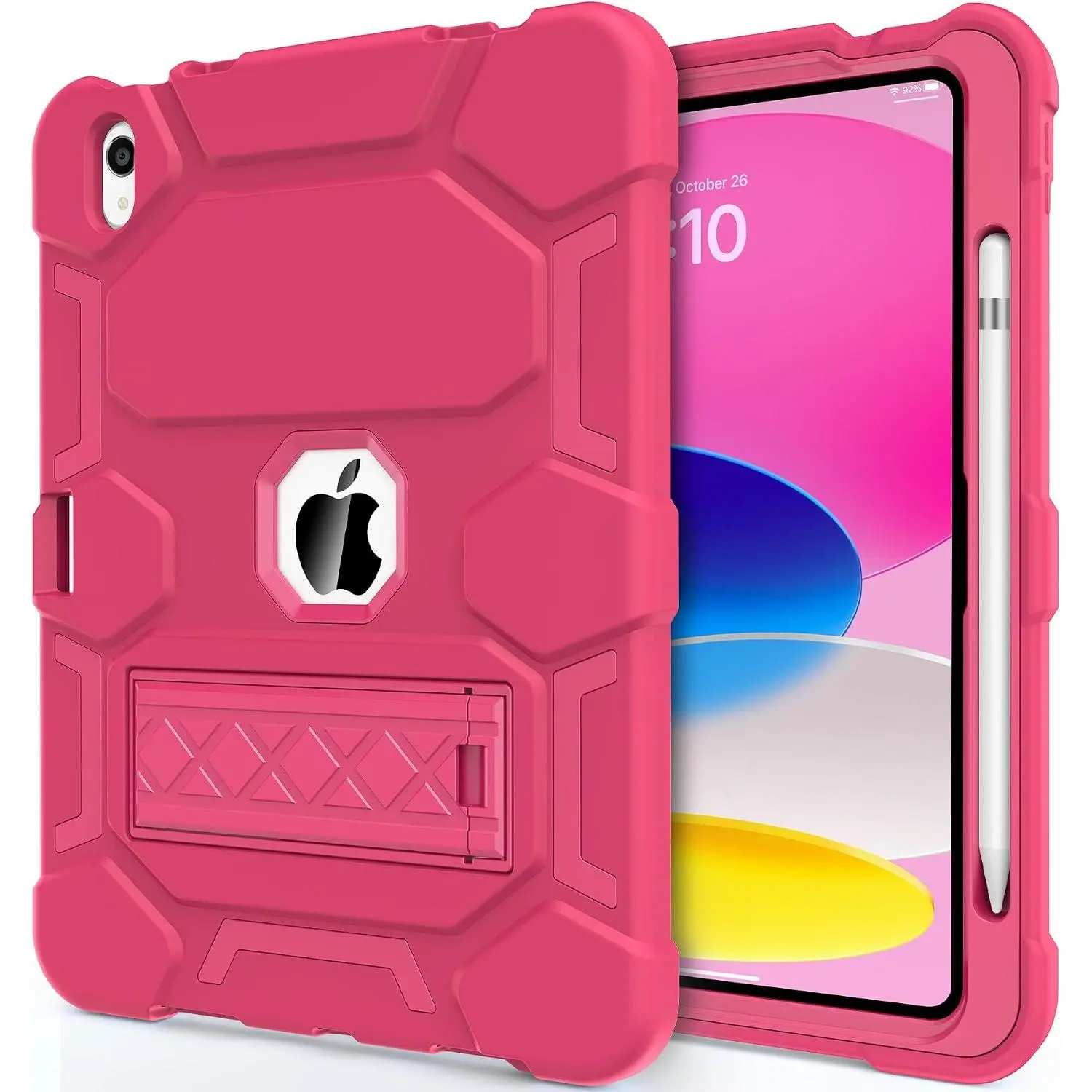 Case for iPad (A16) 11th/10th Generation(2025/2022), iPad 10th Case with Kickstand & Pencil Holder, Heavy Duty Shockproof Hybrid Three Layer Protective Cover for Girls Women, Rose Red