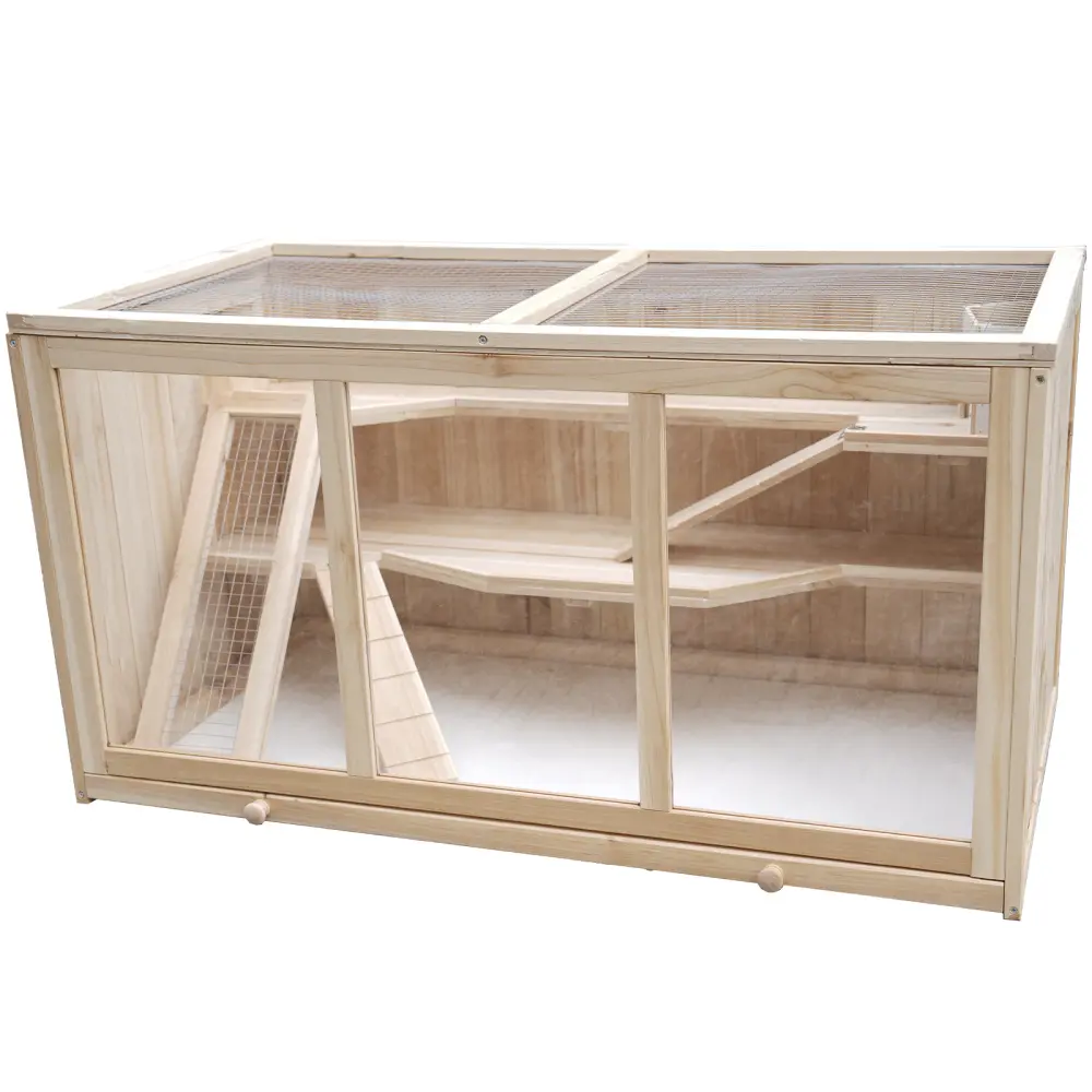 Large Wooden Hamster Cage with Acrylic Windows, Multi-Level Small Pet Habitat with Deep Tray, Ventilated Hutch for Syrian Dwarf Hamsters, Rabbits, Guinea Pigs, Chinchillas