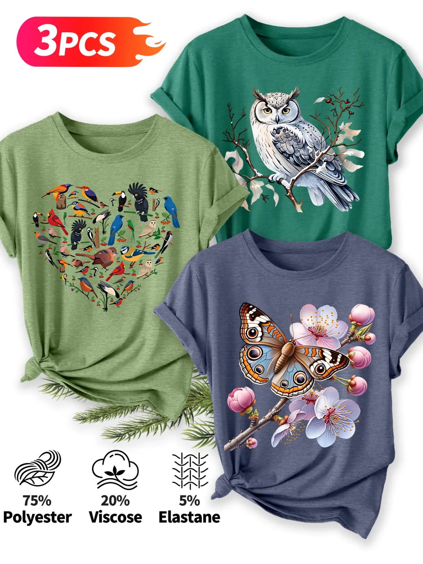 3Pcs Women Crew Neck T-Shirt, Heart Shaped Birds Owl Peach Blossom Butterfly Watercolor Bird Print, Multi-color Washable Spring Summer Top, Soft Skin-friendly Fabric Daily Versatile Fashion Design
