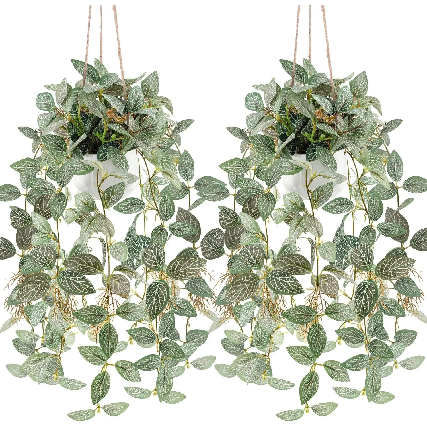 2Pcs Hanging Artificial Plants Fake Greenery Wall Planter Decoration Faux Plant Hanger Pots for Home Bathroom Bedroom Kitchen Ceiling Porch Shelf Decor