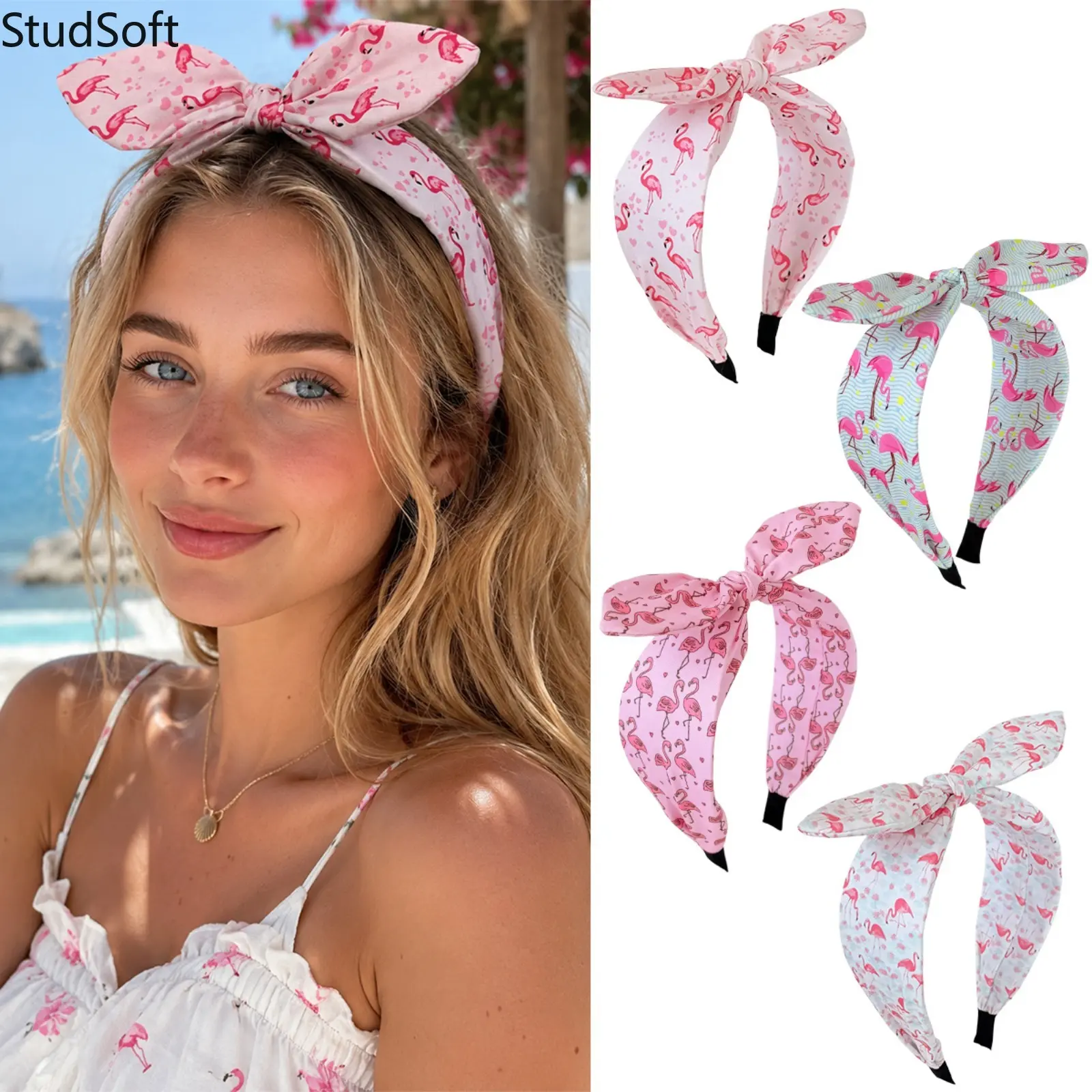 4pc Vintage Knotted Headbands for Women, Wide Non-Slip Hair Accessories with Cute Tropical Flamingo Prints for the Beach, Female, Cute Prints, Women's Beach, Flamingos, Round Headband