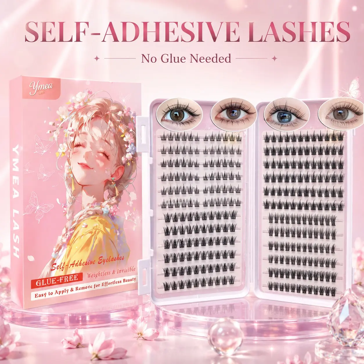 4 Styles Self Adhesive Lashes No Glue False Eyelashes, Natural Wispy Fluffy & Volume Lash Set, Lightweight Invisible Wear, Quick Application and Removal, Easy to Use for Beginners, Reusable Fake Lashes for Everyday Makeup
