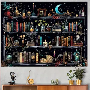 Magic Bookshelf Backdrop Banner Witchy Potion Dark Gothic Hippie Halloween Style Tapestry Wall Hanging Photography Background Polyester Fiber for Bedroom Living Room Dorm Party Studio Decor Aesthetic Room Setup Cosplay Props Shelf Illusion Scene