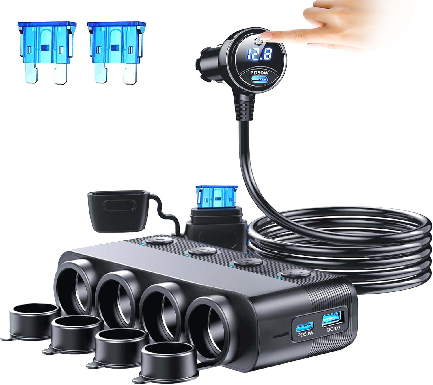 car multiple cigarette socket adapter Cigarette Lighter Splitter Adapter 216W 4 Socket Heavy Duty Truck Car USB  Chager Multi Port with PD30W/QC3.0 Charge USB C 12V/24V Independent  Switches & Dust Cover & Waterproof for Car Devices -